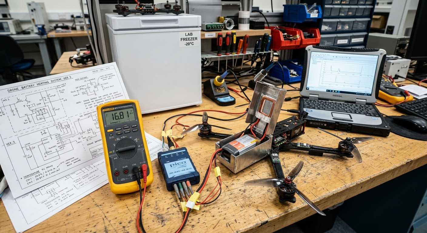 Drone battery heating rig on the workbench: insulated battery bay with Kapton heater pad on a quadcopter frame, Fluke multimeter, Pico datalogger, the battery-heating-system schematic, a small lab freezer labelled minus 20 Celsius, and a laptop graphing voltage sag