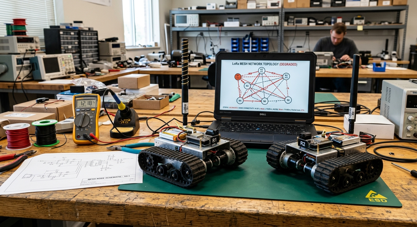 Two tracked rovers labelled R1 and R2 with LoRa whip antennas on the workbench, a mesh-node schematic on paper, and a laptop displaying the degraded LoRa mesh network topology with per-link status