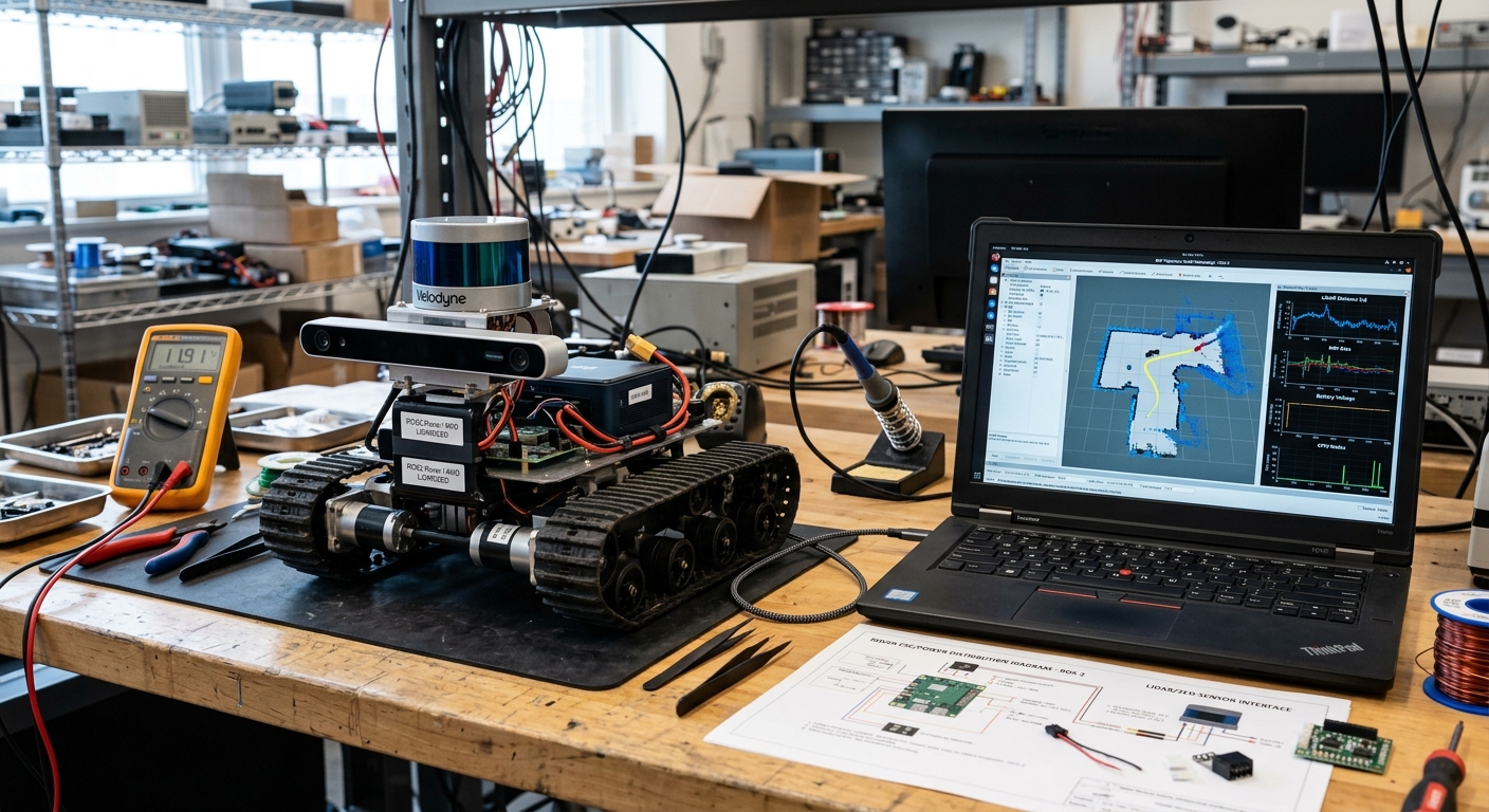 Wheeled skid-steer rover on the workbench topped with a LiDAR puck and depth camera around a Raspberry Pi, beside a laptop running ROS 2 RViz showing the fused map, planned path, and live battery and IMU telemetry