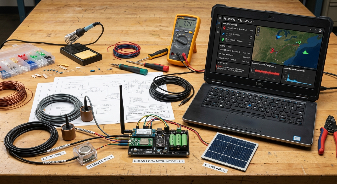 Bench photo: a laptop displaying the PERIMETER SECURE COP dashboard screen, with a track list of ground, air, and water tracks, an alert queue, and seismic amplitude and acoustic spectrum panels, sitting next to the solar LoRa mesh node v2.1 with its geophones and acoustic microphone