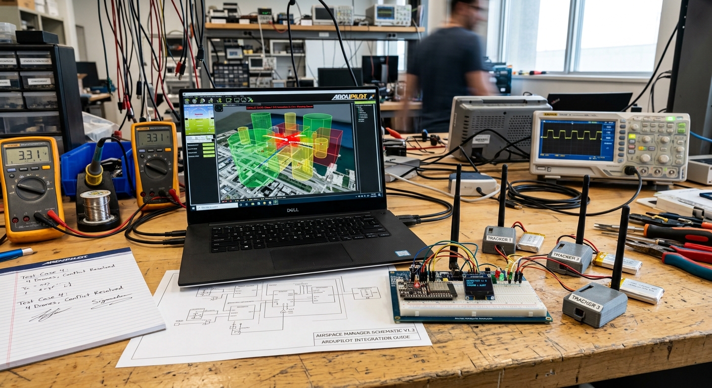Airspace manager workbench with three labelled ESP32 tracker beacons, a breadboarded controller with an OLED display, signed test-case sheets, and a laptop running ArduPilot showing 3D dynamic geofence volumes with a conflict alert on a drone track