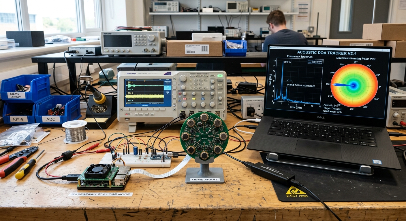 Circular MEMS microphone array on a bench stand wired to a Raspberry Pi DSP node, an oscilloscope showing four mic channels, and a laptop running an acoustic direction-of-arrival tracker with a polar plot locked onto drone rotor harmonics near 660 Hz