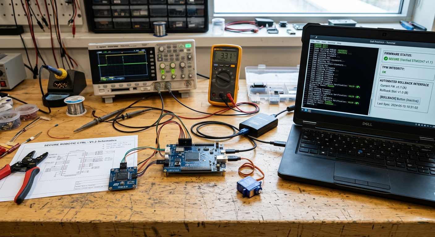 Secure robot controller board wired to a TPM 2.0 module on the workbench with an oscilloscope and a laptop showing a verified secure-boot log, TPM integrity status, and an automated rollback interface