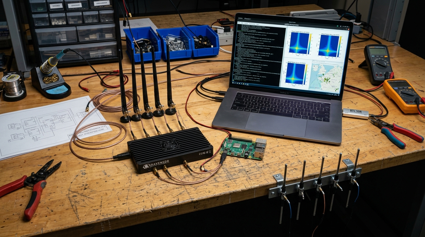 KrakenSDR five-channel coherent SDR receiver on the workbench with five whip antennas, Raspberry Pi, and a laptop showing range-Doppler waterfall plots beside a live ADS-B aircraft map