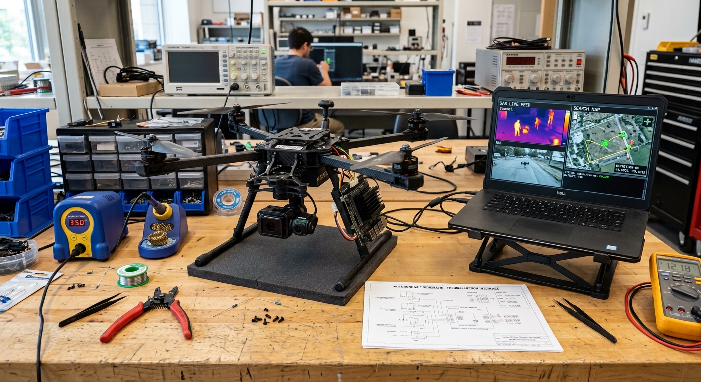 Large quadcopter on a workbench stand with a gimbal camera and companion computer, beside a laptop showing a thermal SAR live feed with detected persons highlighted and a search map with the planned flight path