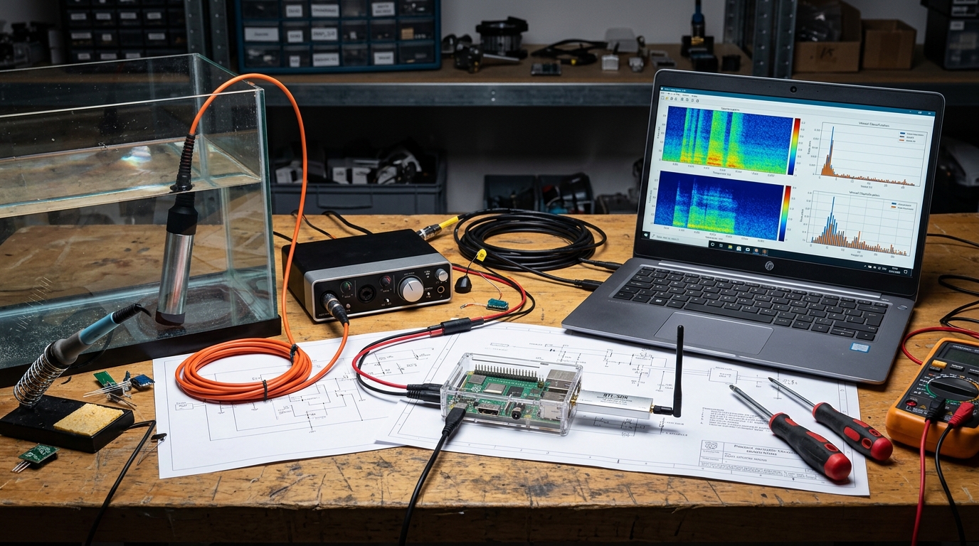 Hydrophone submerged in a glass test tank on the workbench beside a USB audio interface, a Raspberry Pi with RTL-SDR dongle, and a laptop showing live spectrograms and vessel-classification histograms