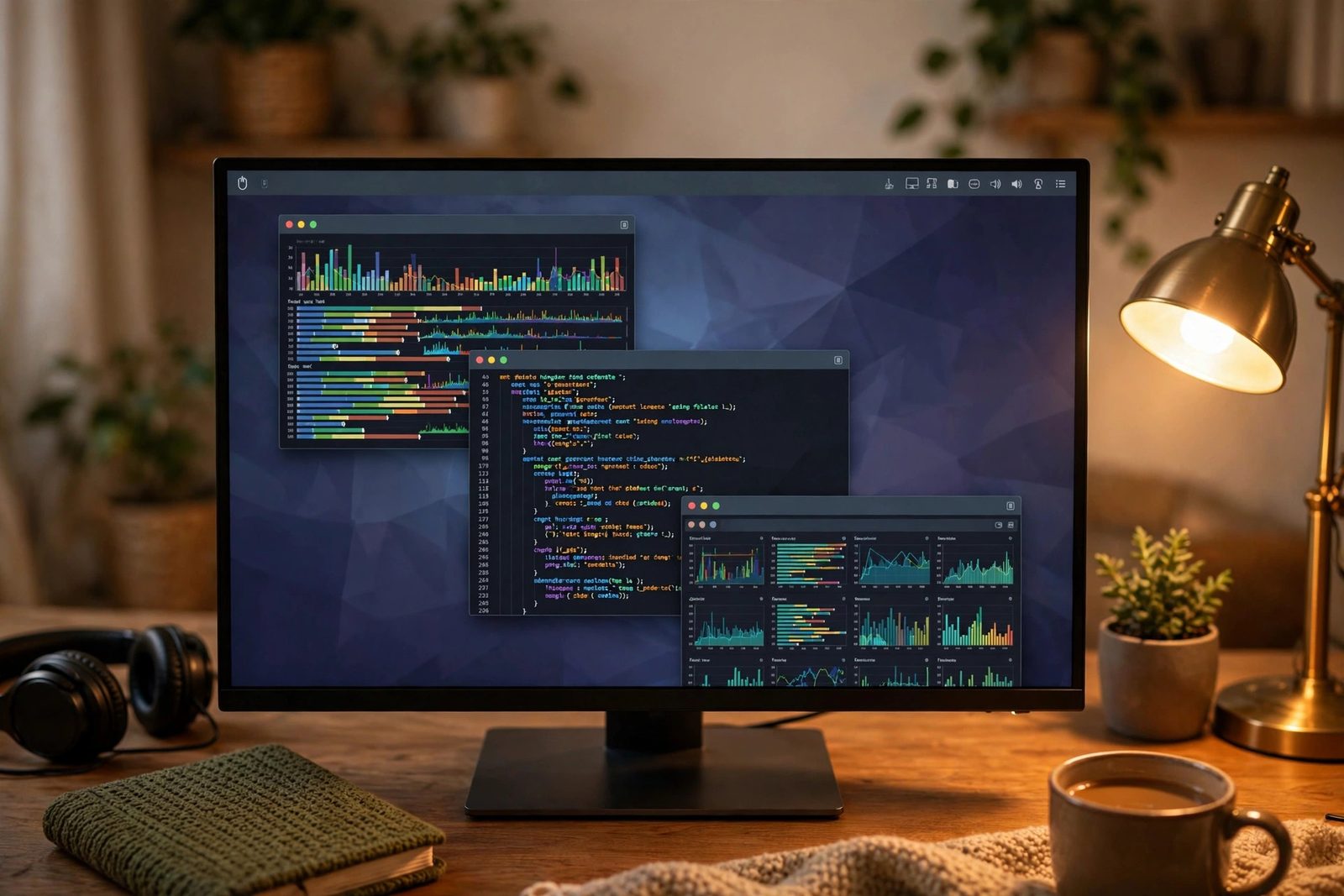 Arch Linux XFCE desktop with open terminal windows on a monitor in a home office