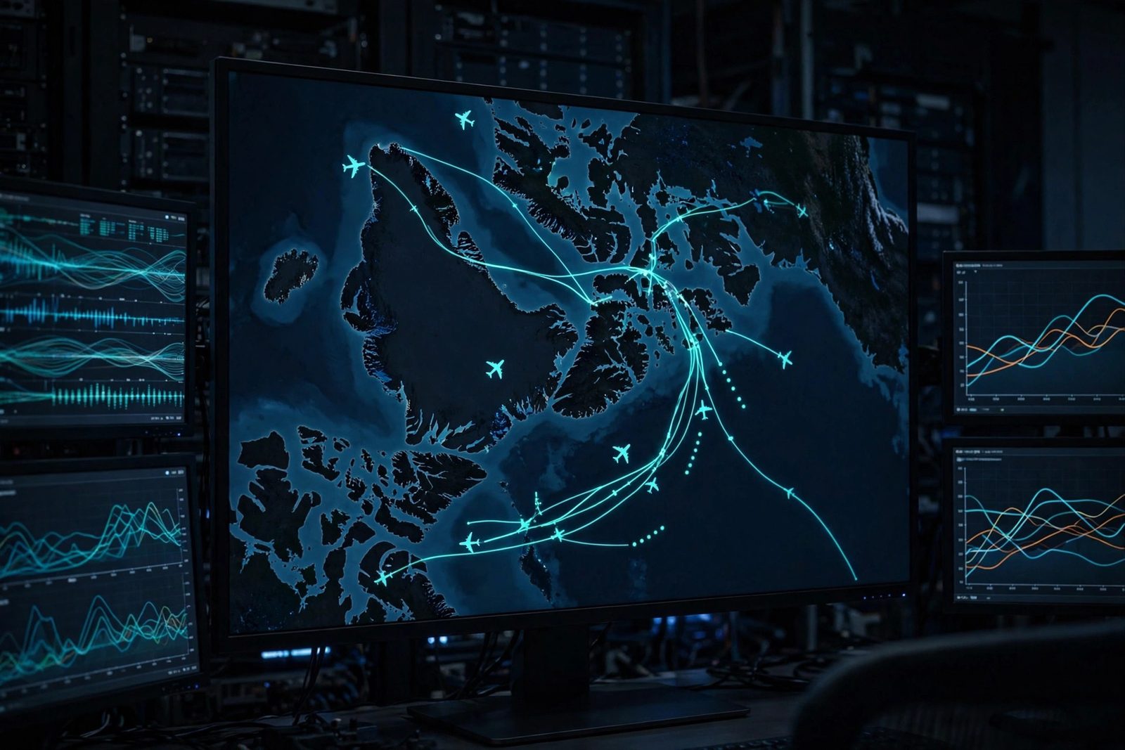 Monitor displaying a dark Arctic map with ship track lines and aircraft icons in a control room
