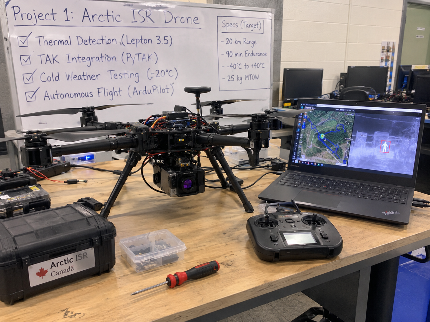 Concept illustration of an Arctic ISR drone lab setup with a quadcopter frame, thermal camera, Raspberry Pi and heated battery rig arranged on a workbench