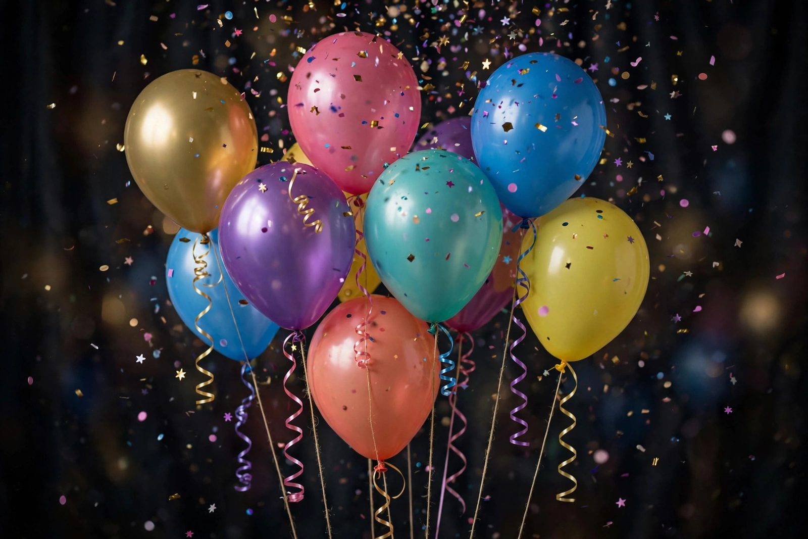 Colorful birthday balloons and falling confetti