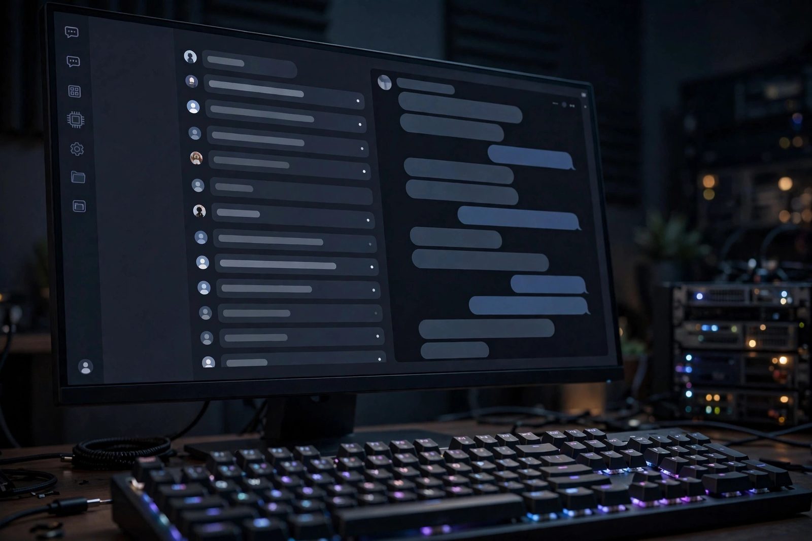 Self-hosted AI chat workspace dashboard on a widescreen monitor in a dim home office, server rack blurred behind