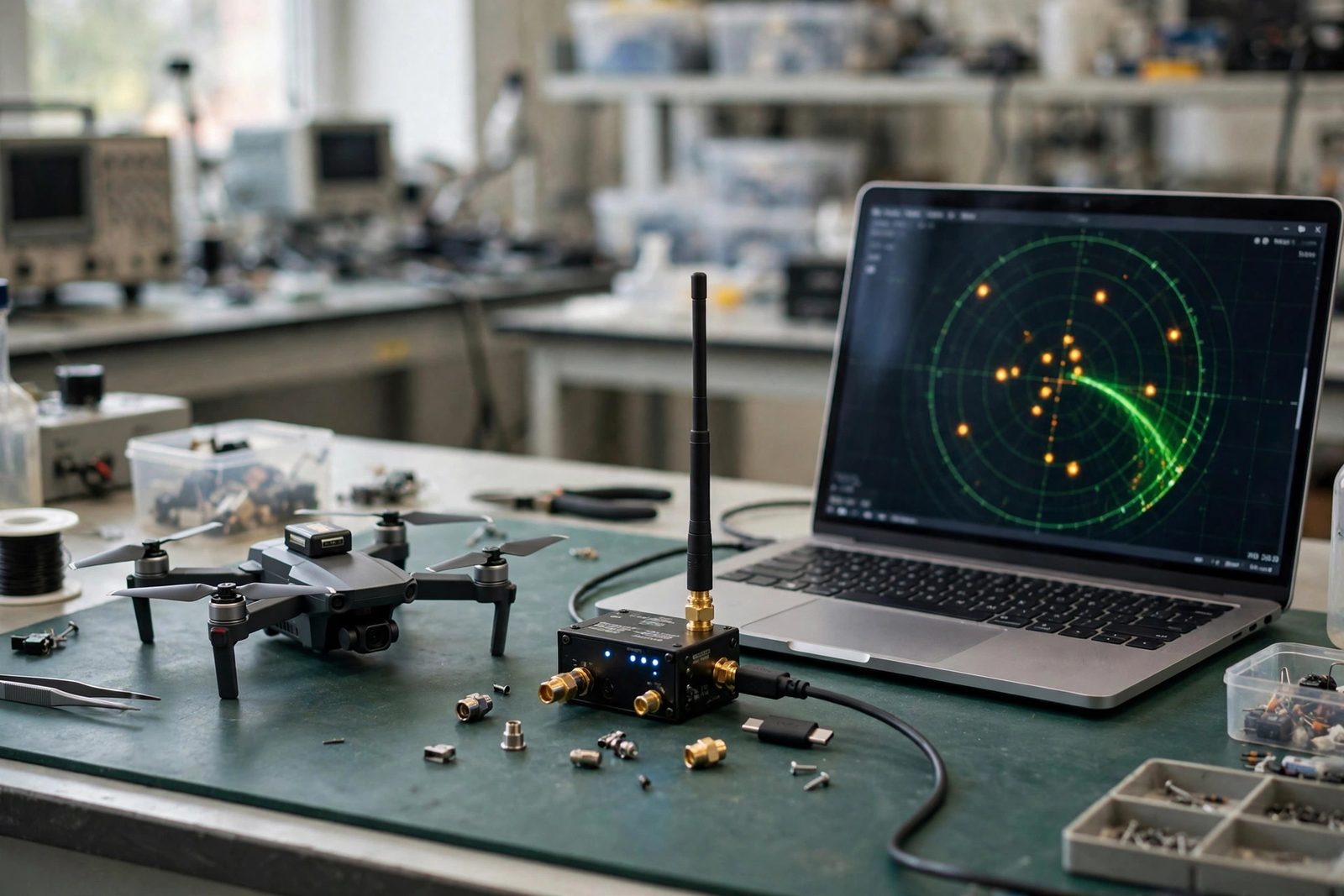 Lab workbench with a small quadcopter drone, a radio receiver with antenna, and a laptop showing a radar-style tracking display