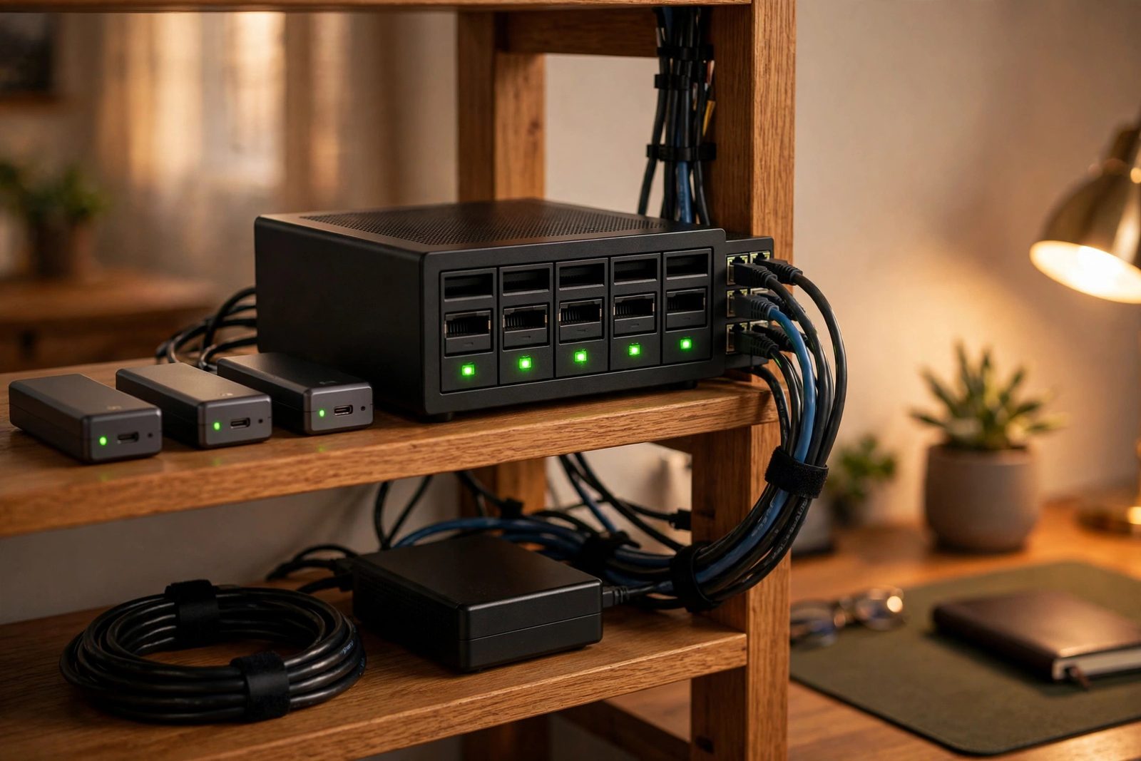 External SSD enclosures and a NAS unit with drive bays on a wooden shelf, status LEDs glowing