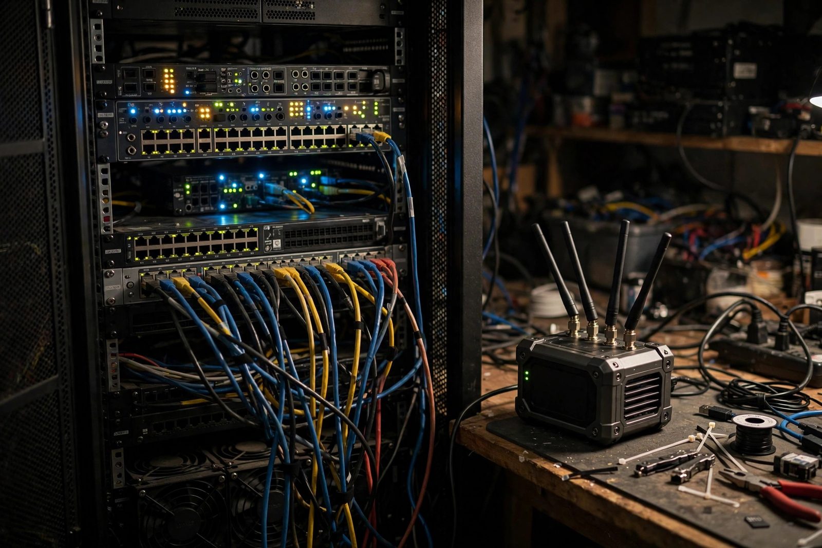 Server rack with blinking network equipment beside a small edge computer with antennas on a workbench