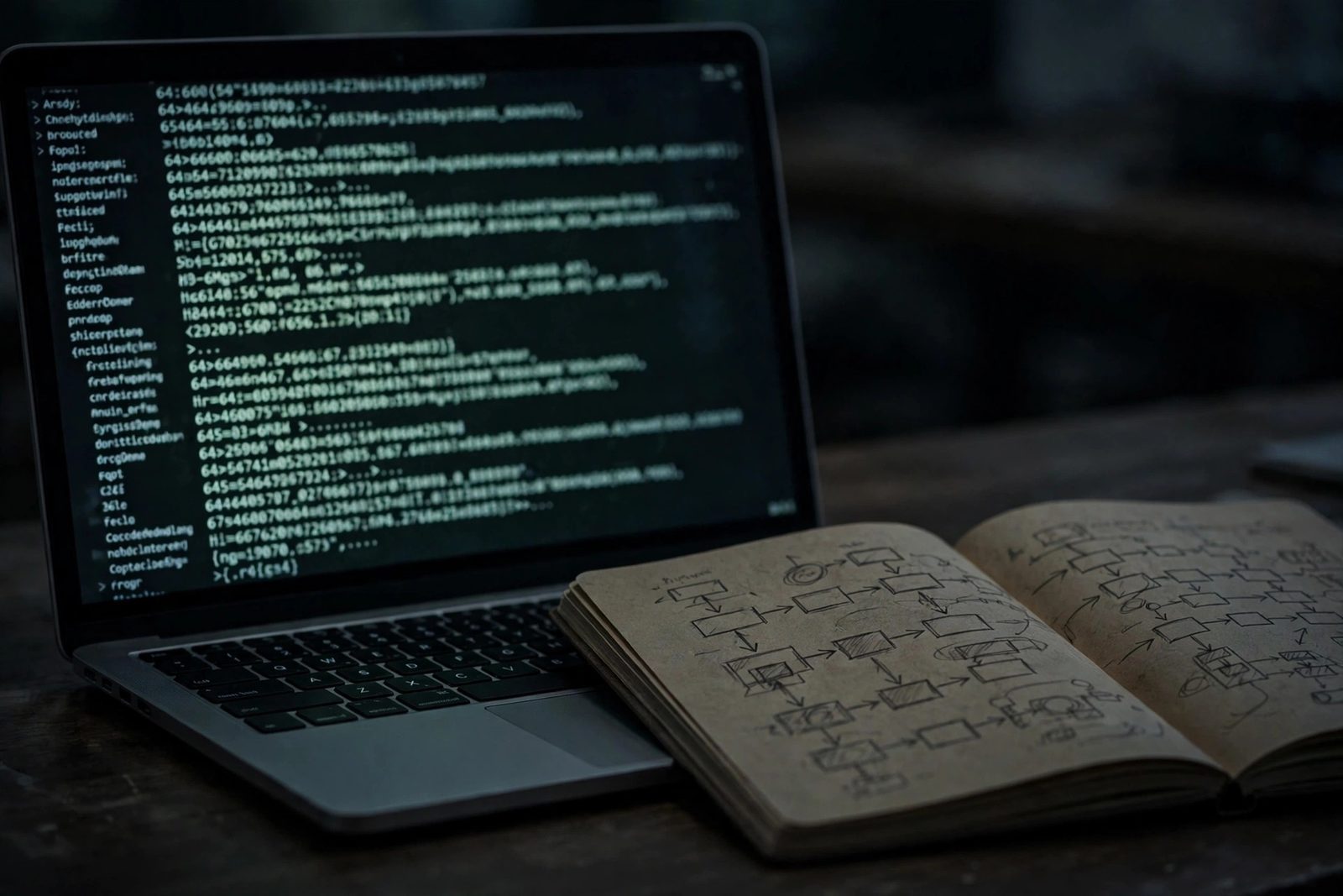 Laptop screen showing terminal log output and cryptographic hashes beside a notebook with chained-block diagrams