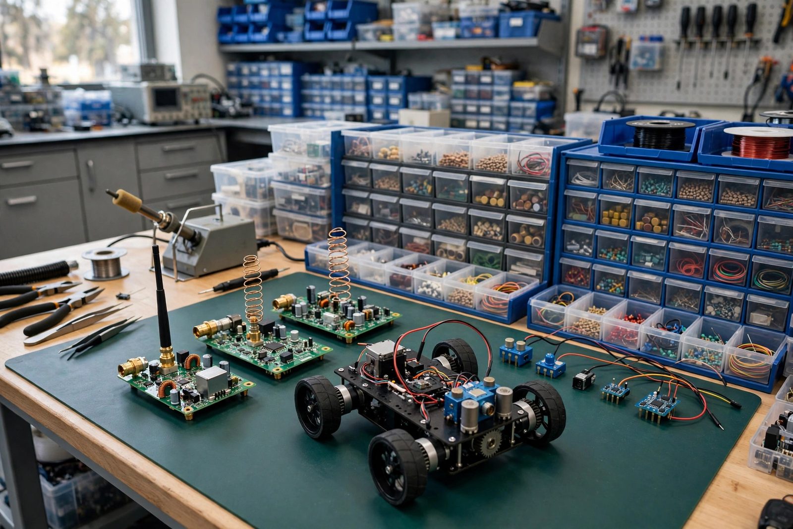 Electronics workbench with radio receiver boards, antennas, a small rover chassis, and sensor parts bins
