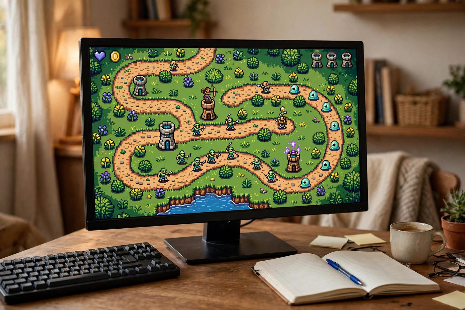 Computer monitor showing a pixel-art style tower defense game scene, with a keyboard and notebook on the desk