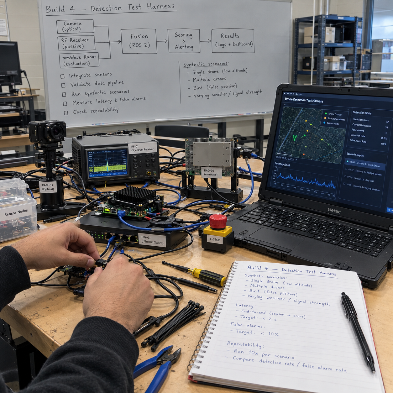 Concept illustration of a counter-drone sensor test bench with a scoring dashboard and coverage map