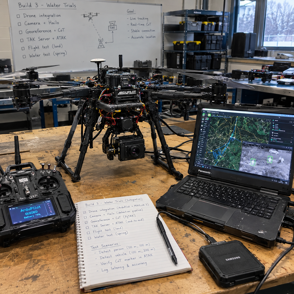 Concept illustration of a drone integration workbench with a laptop showing a TAK map with georeferenced detection markers beside the airframe