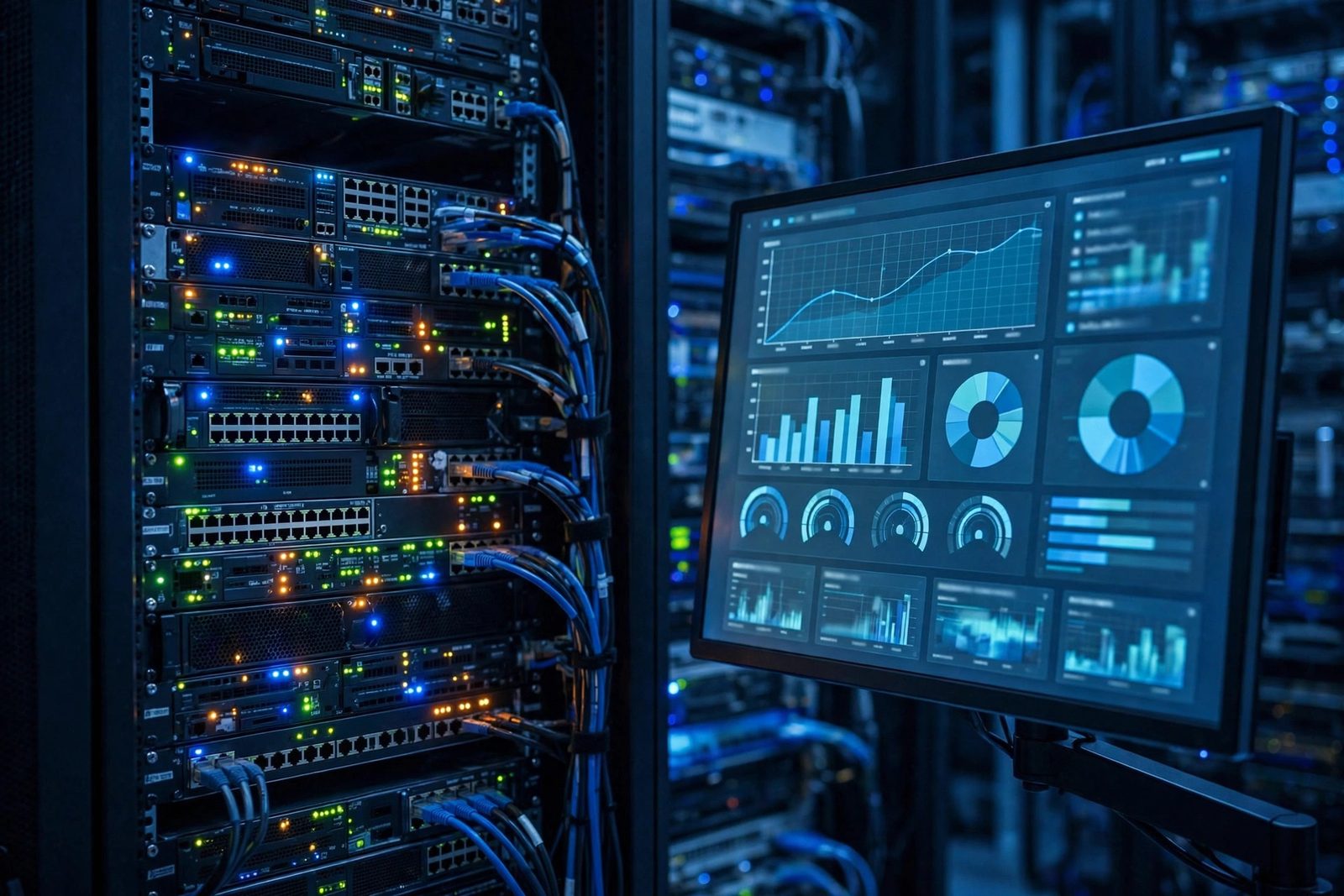 Email server administration dashboard on a monitor beside a server rack with blinking LEDs