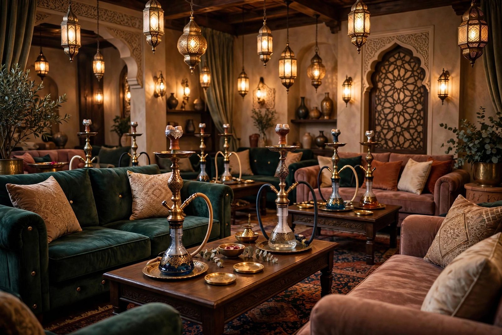 An elegant shisha lounge interior with plush seating and ornate hookahs