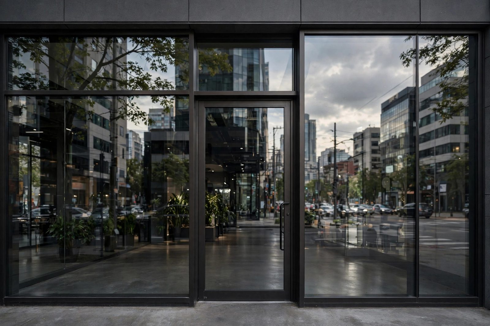 A modern glass storefront with city reflections