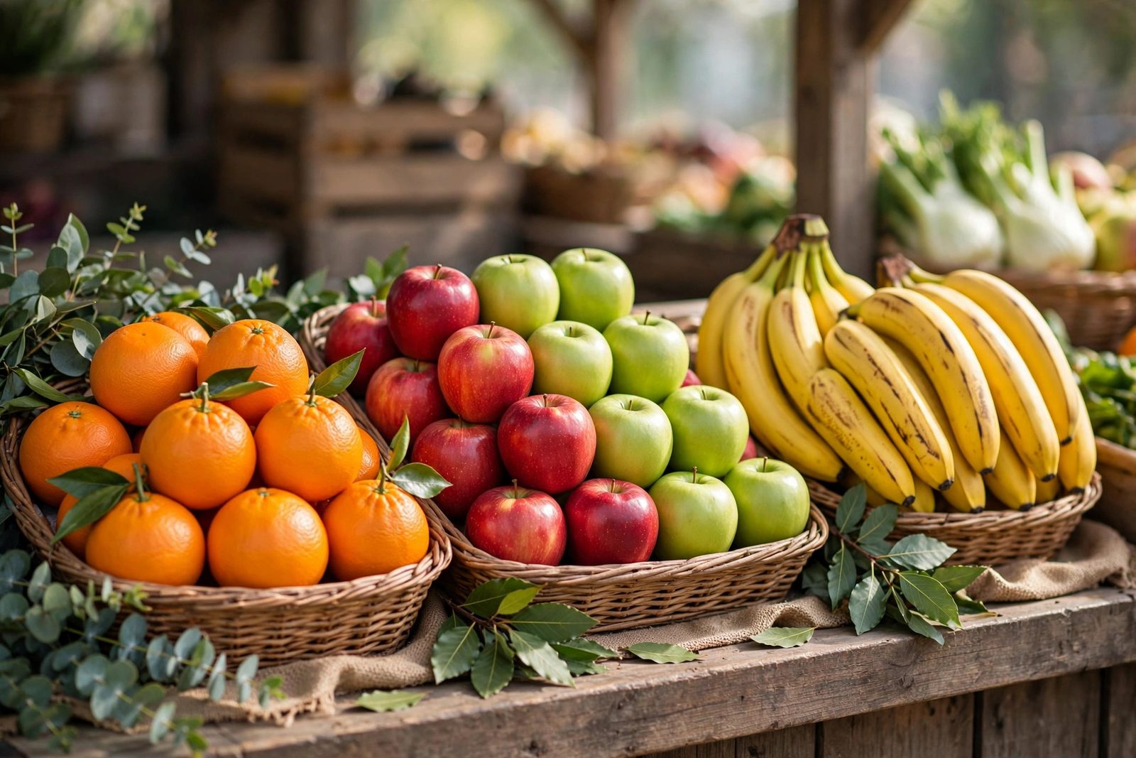 A vibrant fresh fruit and produce market display
