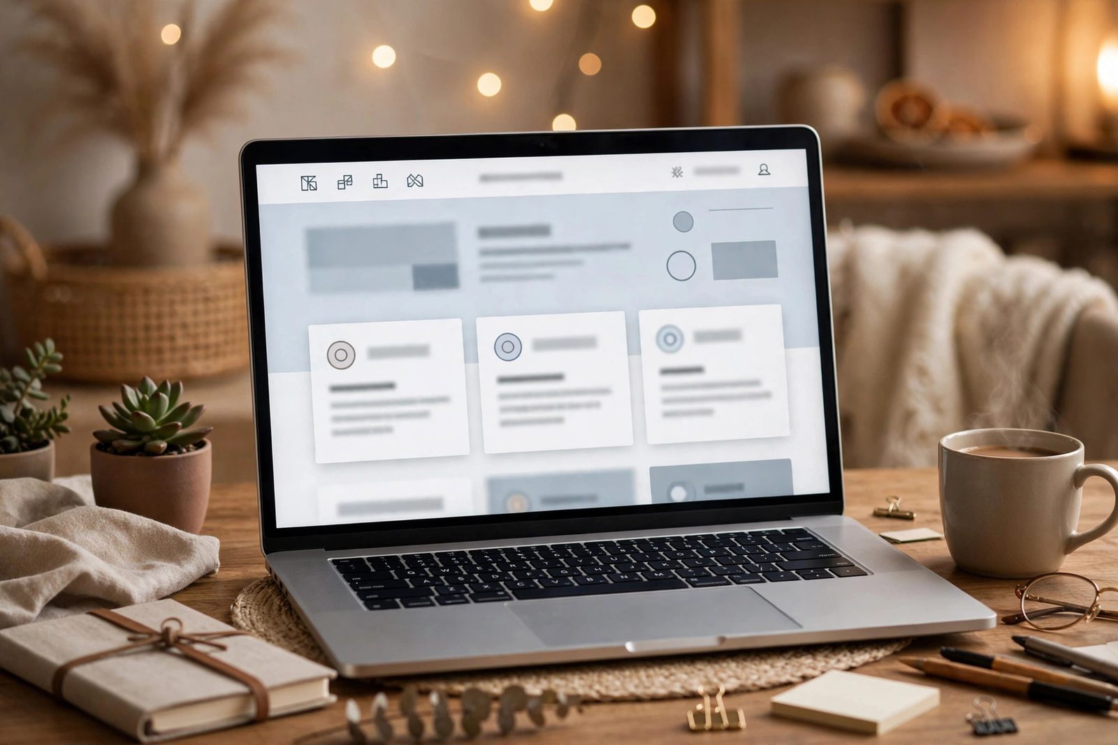A laptop showing a small business website on a home office desk