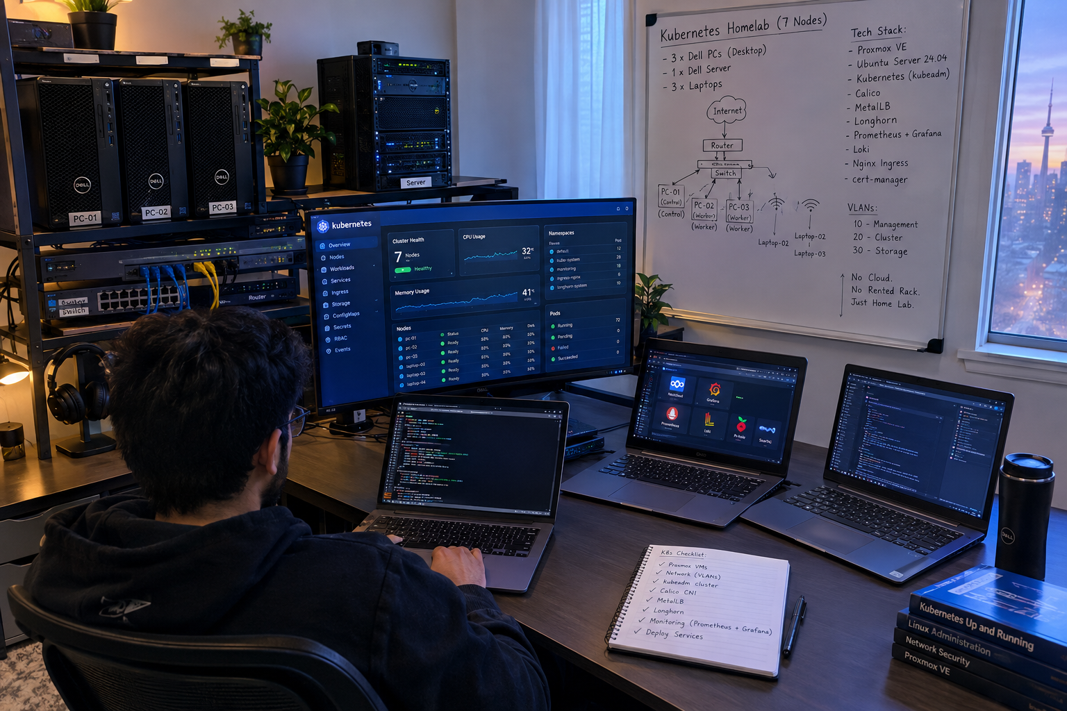 Kubernetes cluster monitoring dashboard on a monitor beside homelab server PCs with glowing LEDs