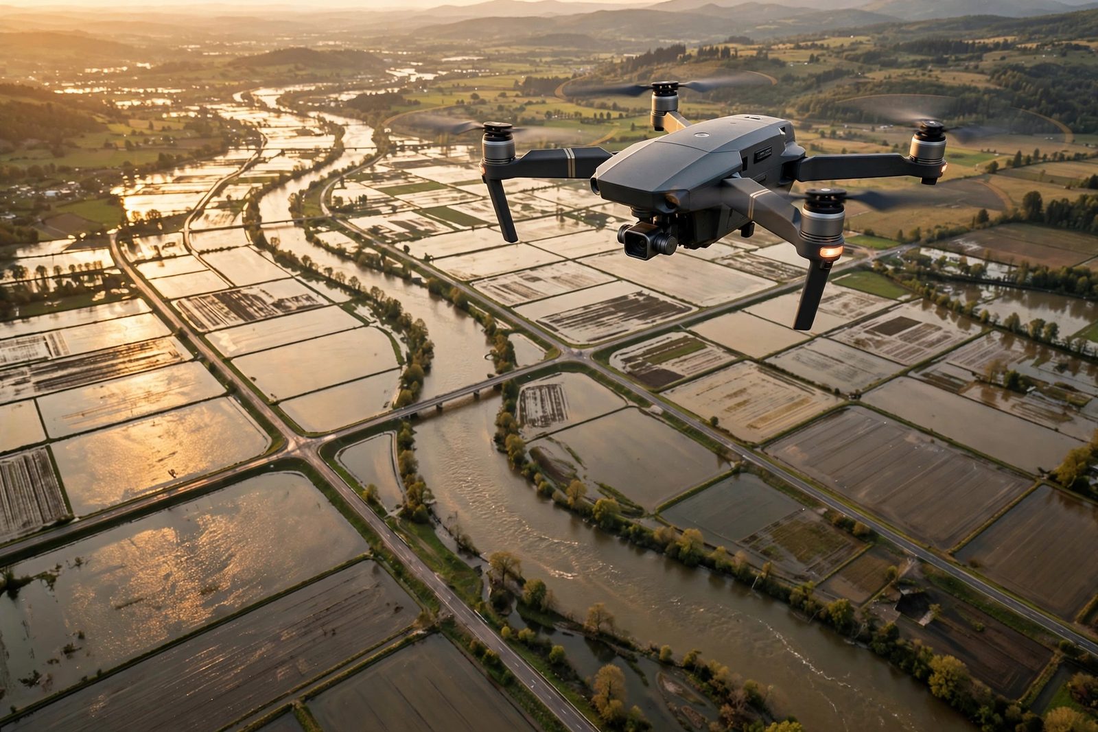 Quadcopter drone flying over a flooded river valley landscape at golden hour