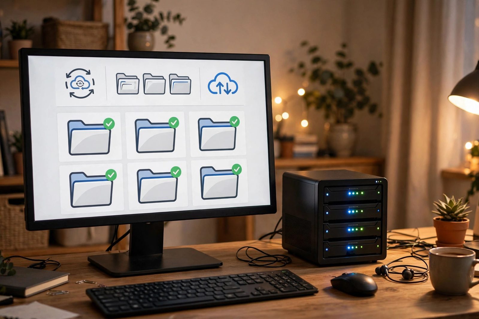 Cloud file storage web interface on a monitor beside a NAS box with glowing drive LEDs
