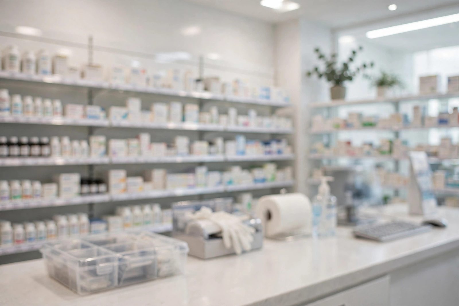 A clean modern pharmacy counter with medicine shelves