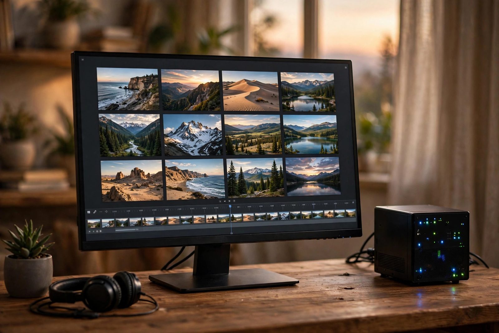 Photo gallery timeline on a monitor with a compact server PC on a wooden desk