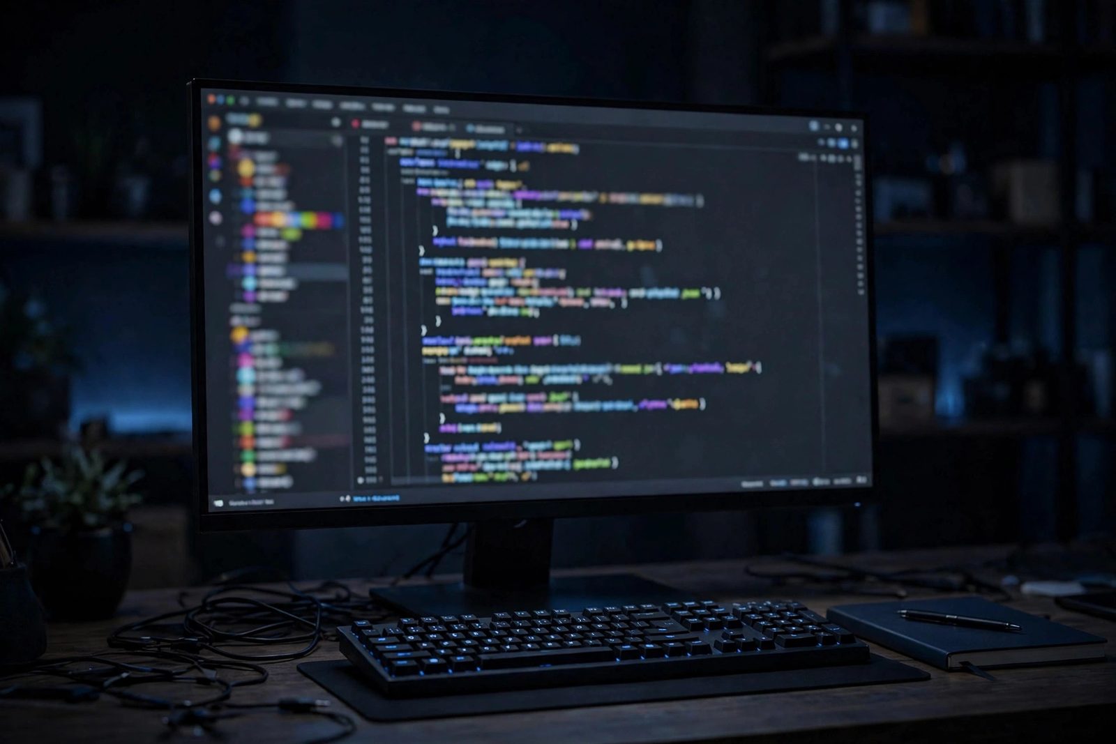 A code editor with a web project on a monitor in a developer workspace