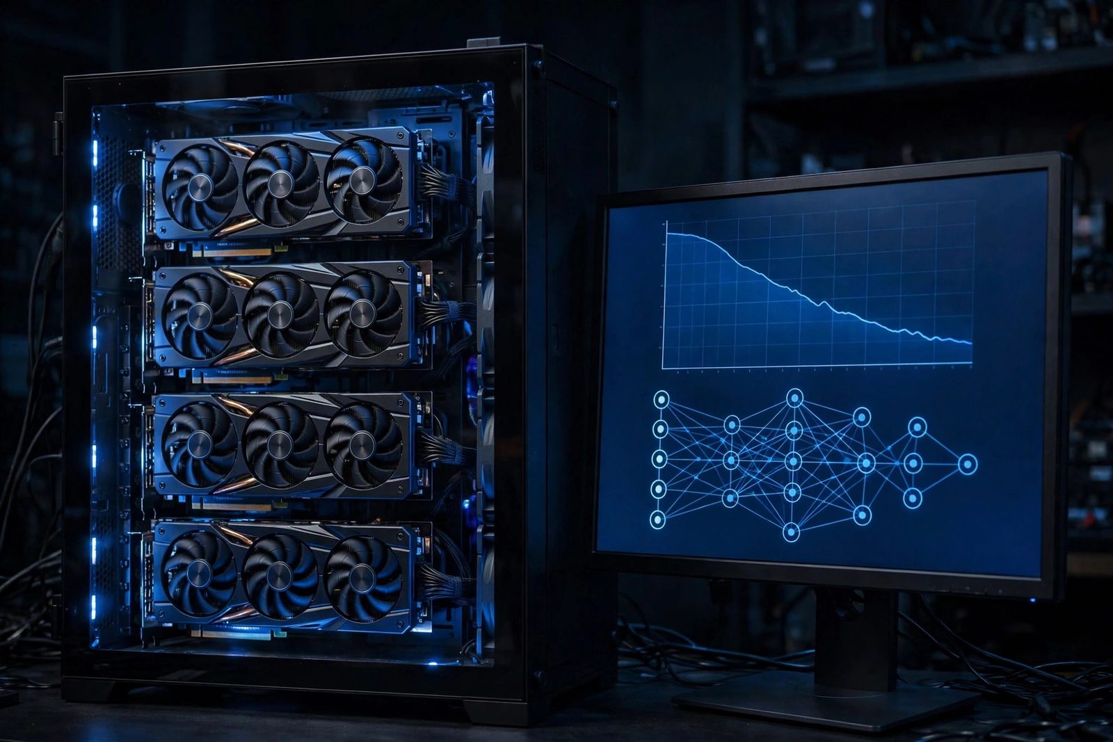 GPU server with visible graphics cards beside a monitor showing a training loss curve