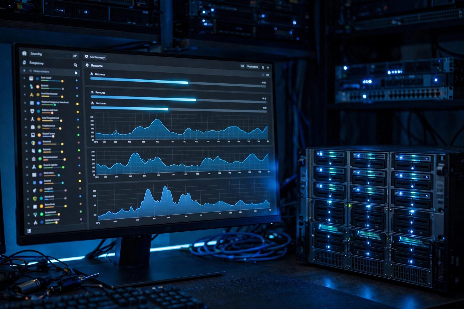 Proxmox virtualization console on a monitor beside a rackmount server with glowing drive bays