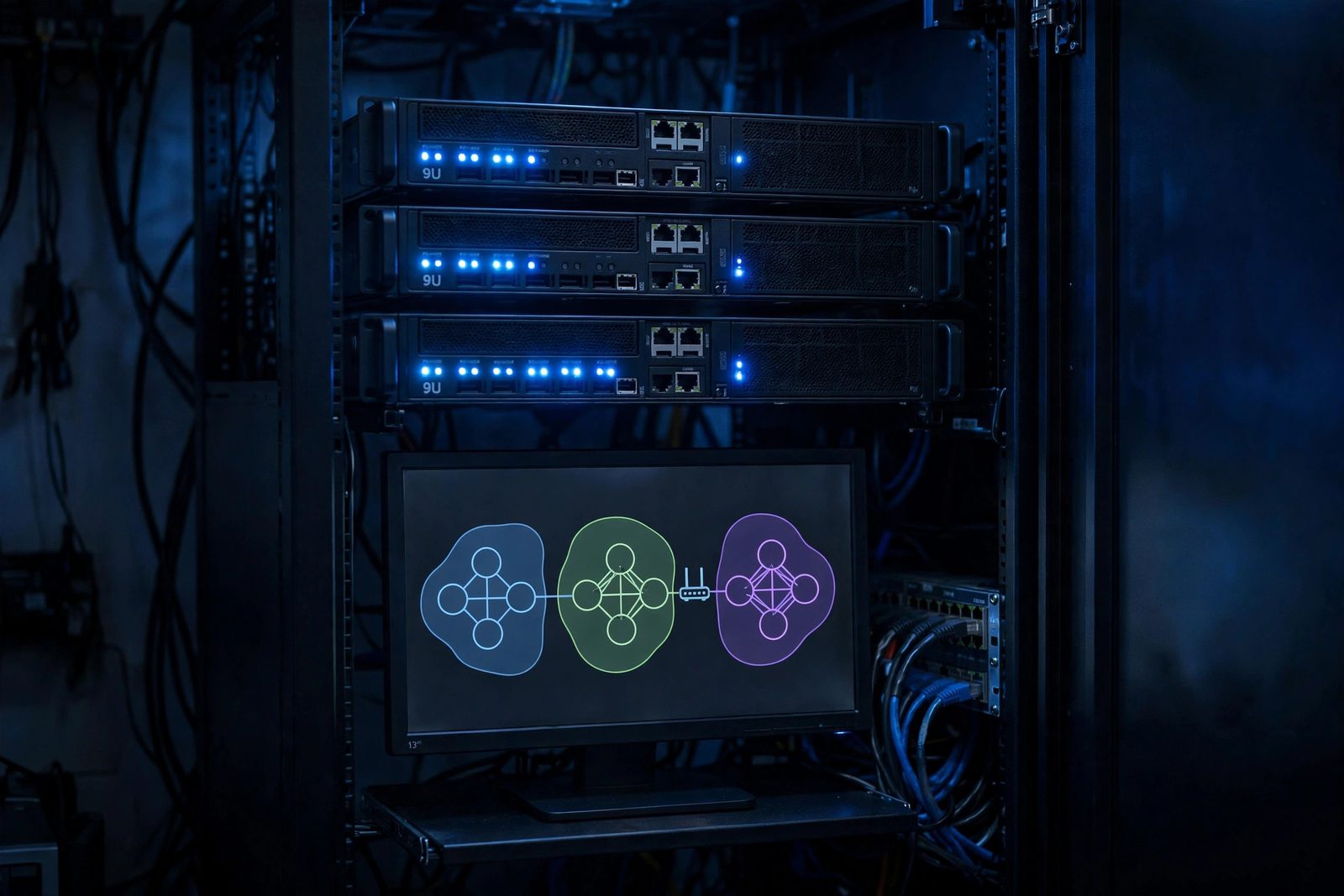 Three rack servers with blinking LEDs beside a monitor showing a segmented network topology diagram