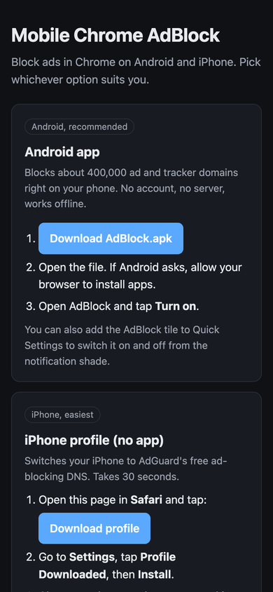The Mobile Chrome AdBlock download page on a phone, with an Android app card and a Download AdBlock.apk button above an iPhone profile card with a Download profile button