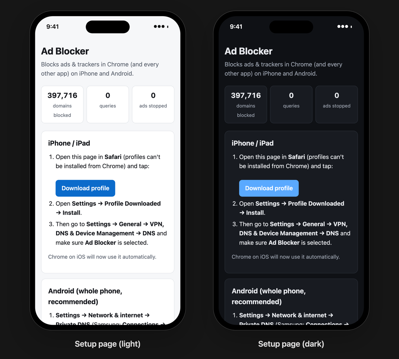 The setup page served by the Go DNS server, shown in light and dark mode on two phones, with 397,716 domains blocked and the iPhone setup steps