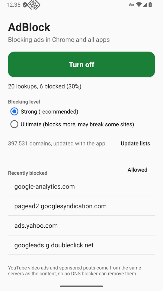 The AdBlock app on the Strong level showing 20 lookups, 6 blocked, 397,531 domains and a list of recently blocked ad domains