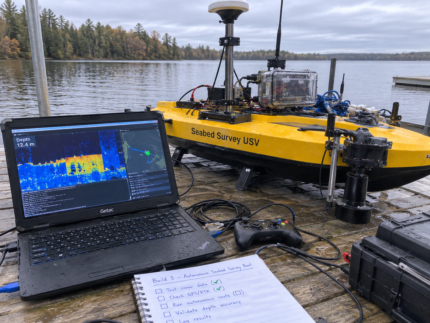 Concept illustration of the survey USV running parallel lawnmower lines on a calm pond with a shore station in the foreground