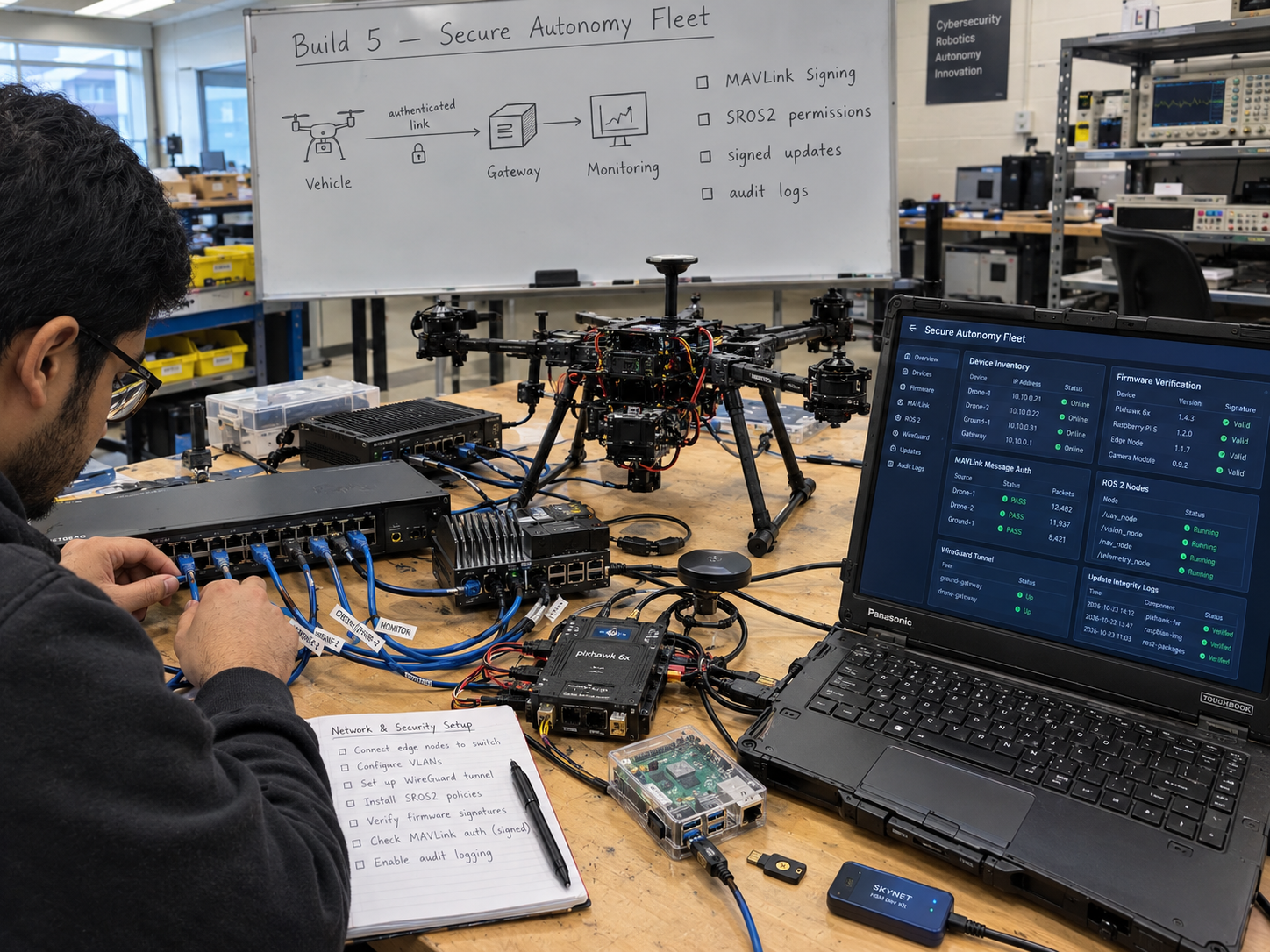 Concept illustration of a lab workshop bench with flight controllers, a companion computer, and security test equipment for hardening a robot and drone fleet