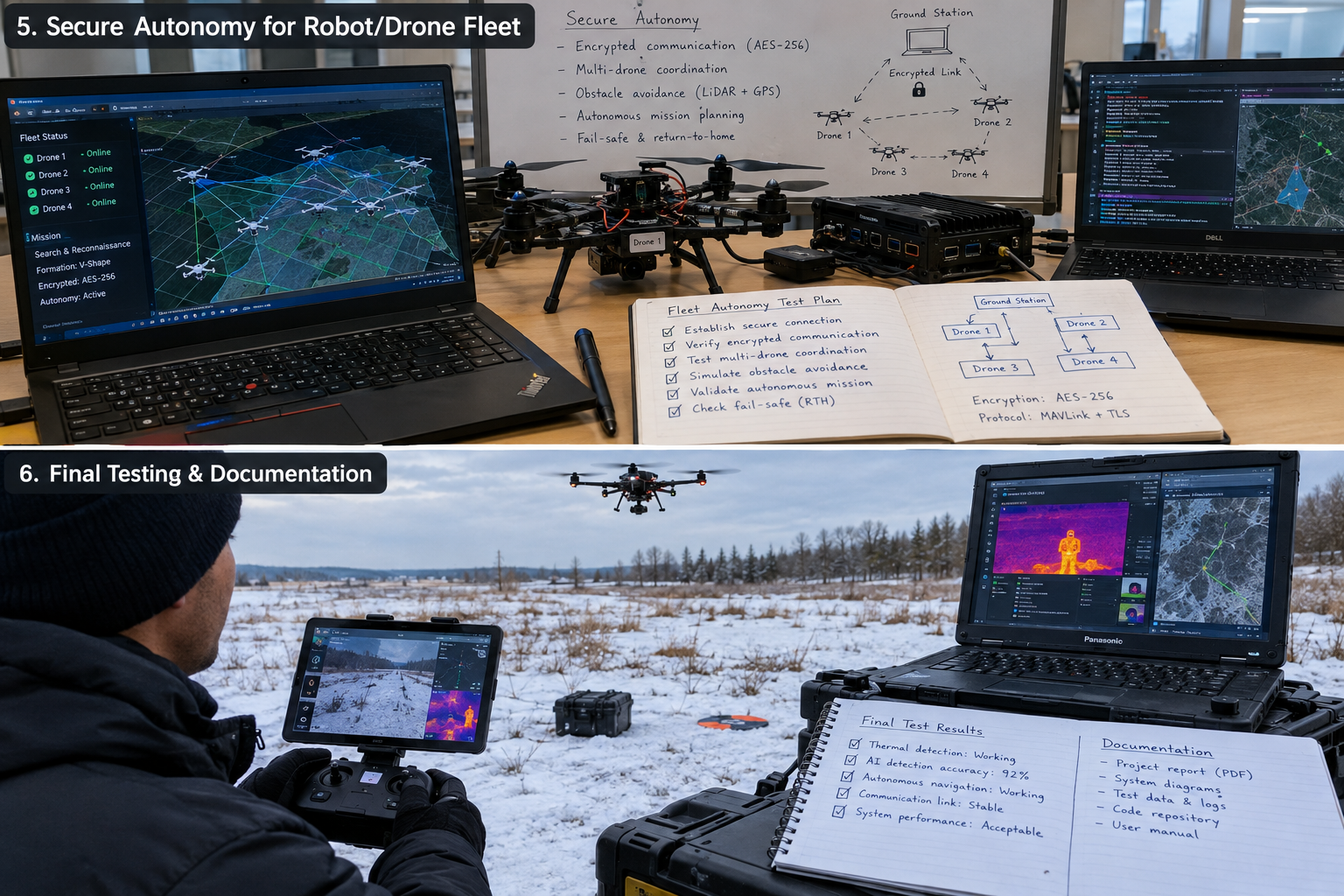 Concept illustration of a small drone fleet under security testing with telemetry links and monitoring dashboards
