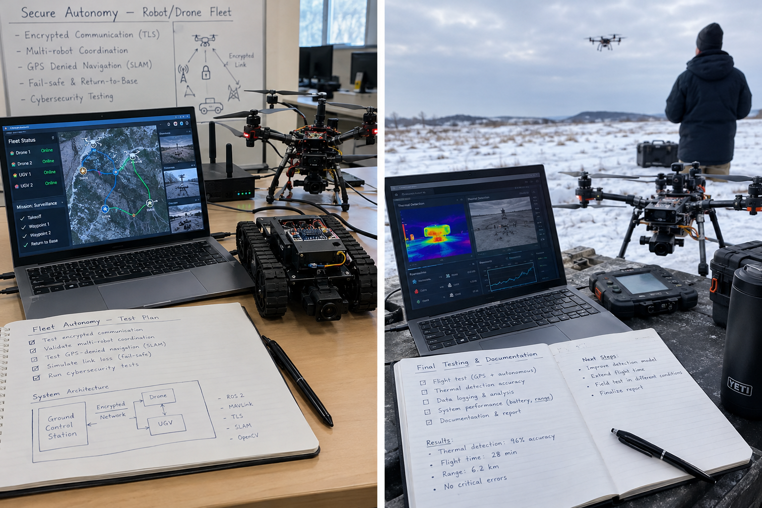 Concept illustration of a ground robot and drone operating together in a field with an encrypted link to a ground station