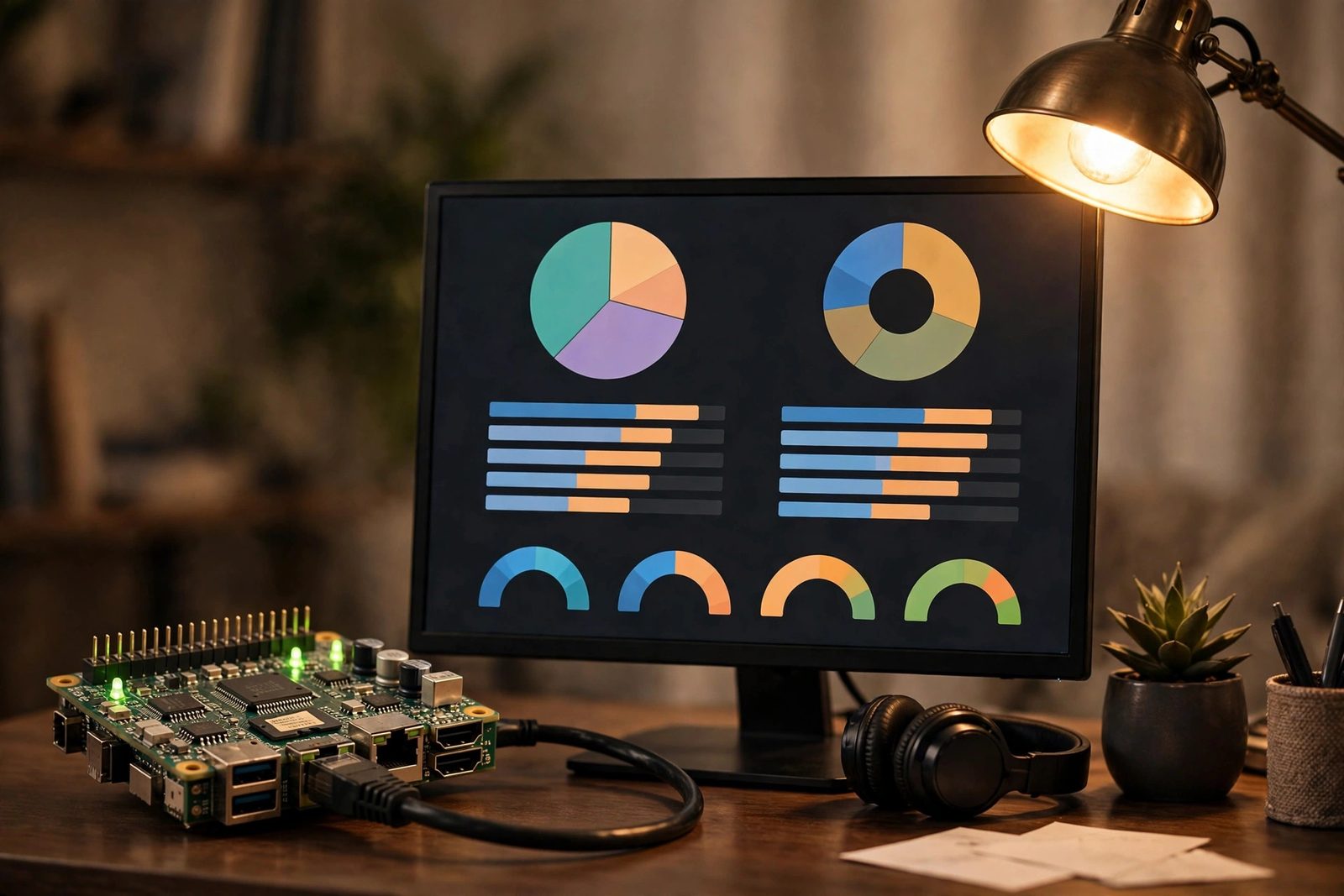 Single board computer with ethernet cable beside a monitor showing a DNS ad blocking dashboard