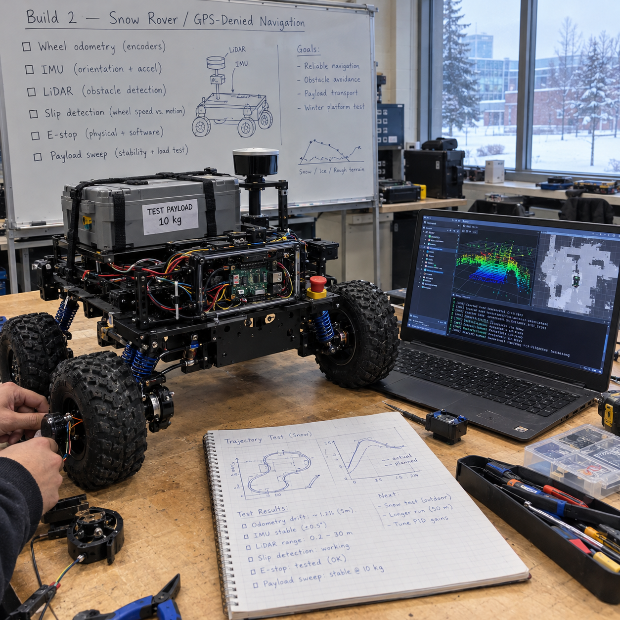 Concept illustration of a bench-scale snow rover prototype with LiDAR and compute on a lab bench