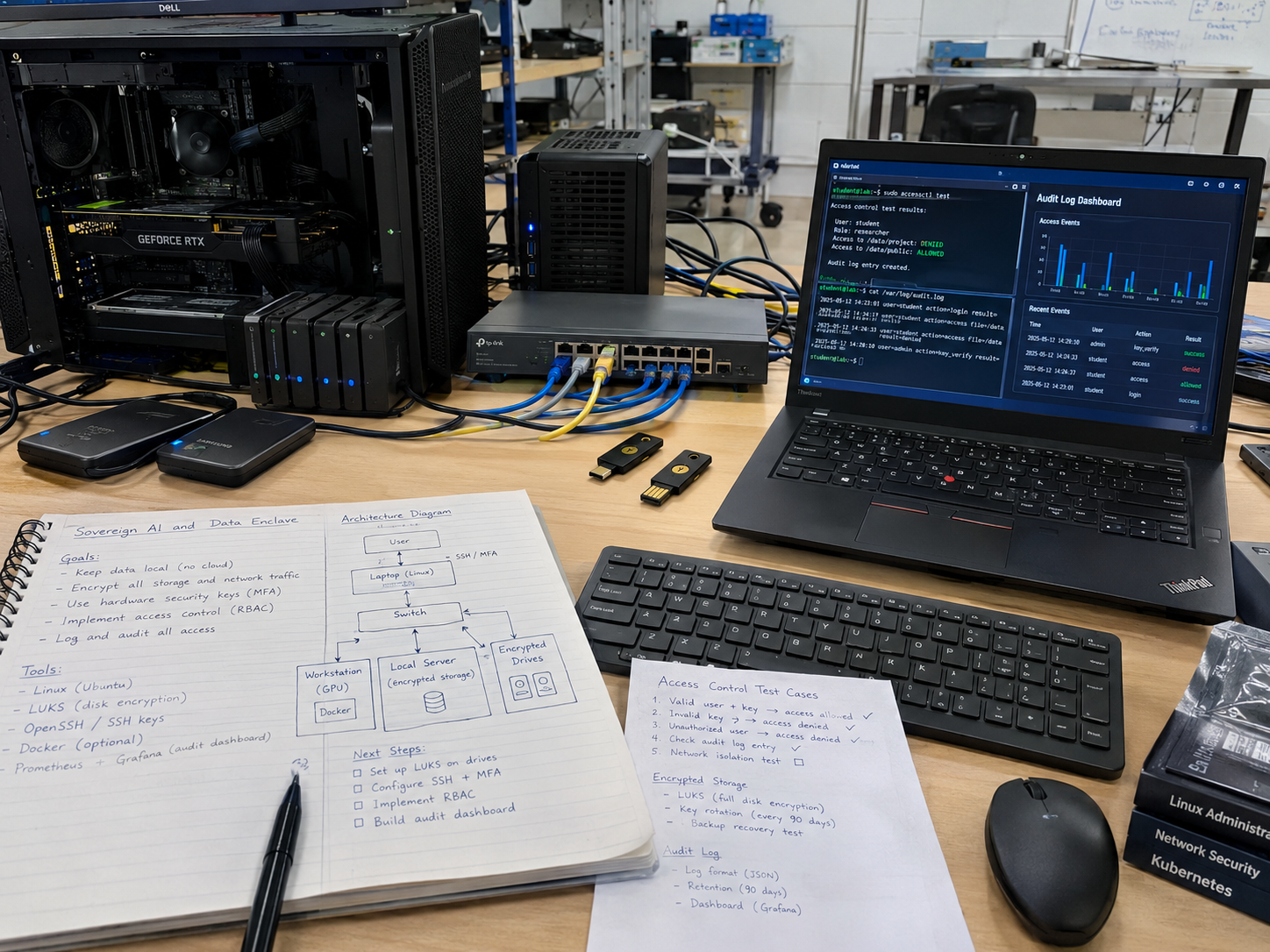Concept illustration of a hardware security lab workbench with HSM tokens, keycards, and the servers planned for the sovereign AI enclave