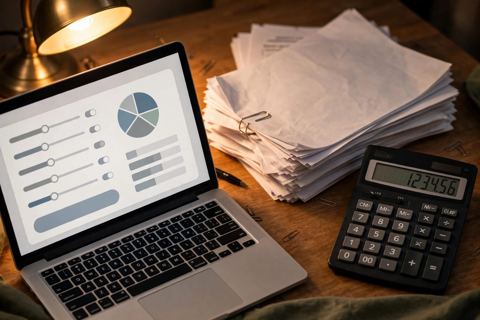 A calculator and tax documents beside a laptop