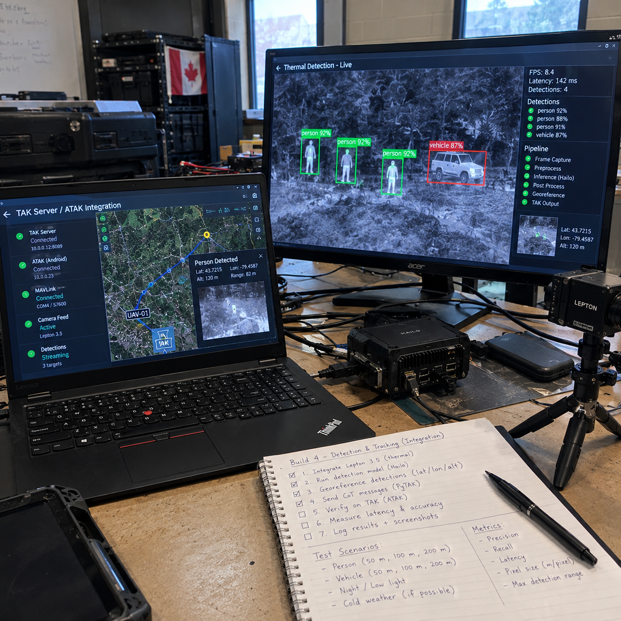 Concept illustration of a thermal AI detection workbench with a monitor showing bounding boxes on thermal imagery of people