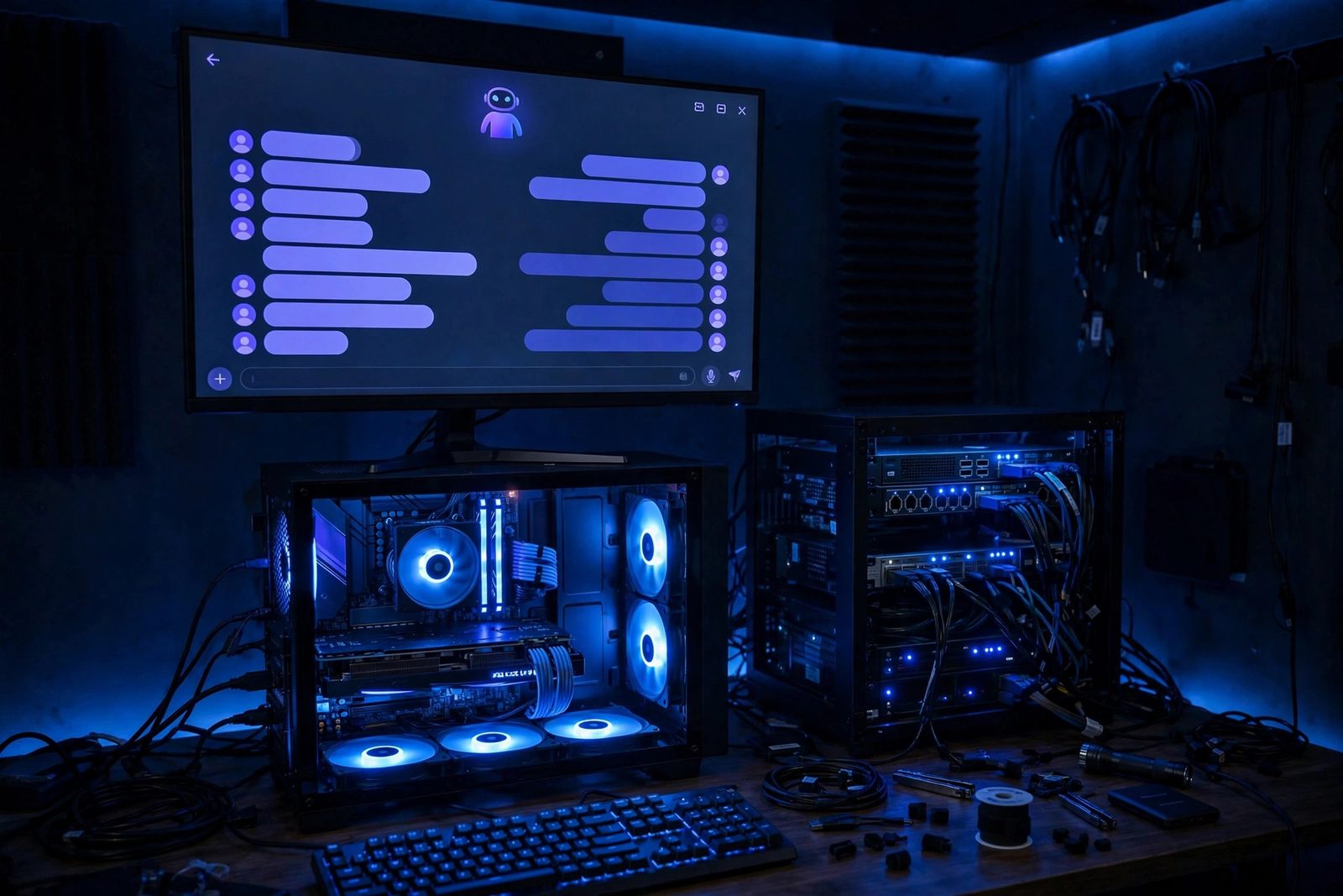 Homelab workstation with an AI chat interface on a monitor, desktop tower with visible GPU and glowing fans